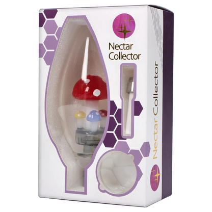 Front three-quarter view of the Smoke Cartel Egg with Mushroom Perc Nectar Collector - 14mm boxed in white packaging with a visible red-and-white mushroom inside.