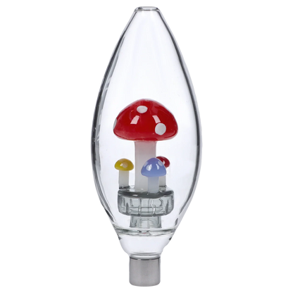 Close-up front view of the Smoke Cartel Egg with Mushroom Perc Nectar Collector - 14mm showing a clear teardrop glass chamber with a red spotted mushroom and two smaller colored mushrooms inside.