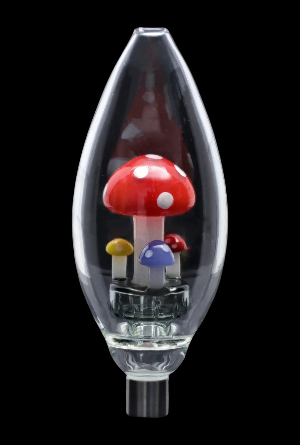 A side view of the Smoke Cartel Egg with Mushroom Perc Nectar Collector shows colorful mushroom-shaped percolators inside the clear glass egg-shaped body.