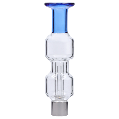Straight-on close-up of the clear glass Smoke Cartel New Fire Falcon Nectar Collector - 14mm showing stacked bubble chambers and a blue-rimmed mouthpiece.