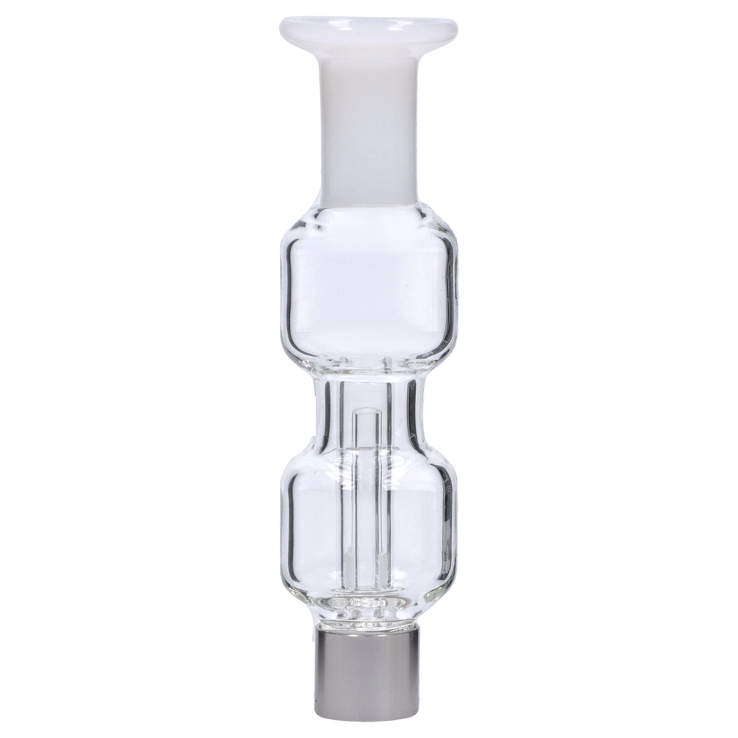 Centered vertical close-up of the Smoke Cartel New Fire Falcon Nectar Collector - 14mm showing its clear glass stacked chambers and frosted top joint against a light gray background