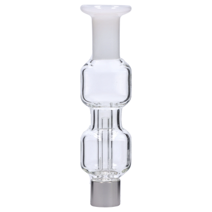 Centered vertical close-up of the Smoke Cartel New Fire Falcon Nectar Collector - 14mm showing its clear glass stacked chambers and frosted top joint against a light gray background
