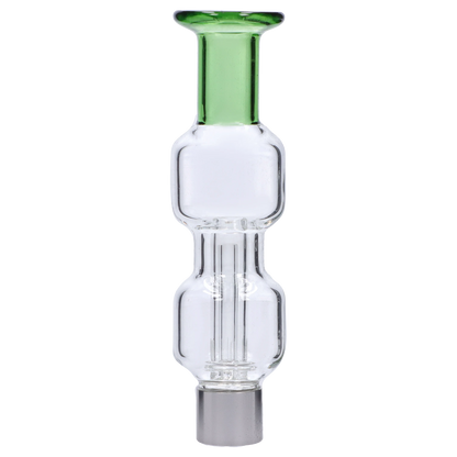 Centered vertical close-up of the Smoke Cartel New Fire Falcon Nectar Collector - 14mm showing its clear glass chamber and green rim against a pale gray background