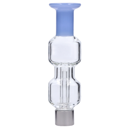 Close-up front view of the Smoke Cartel New Fire Falcon Nectar Collector - 14mm showing its clear multi-chamber glass body topped with a pale blue mouthpiece.