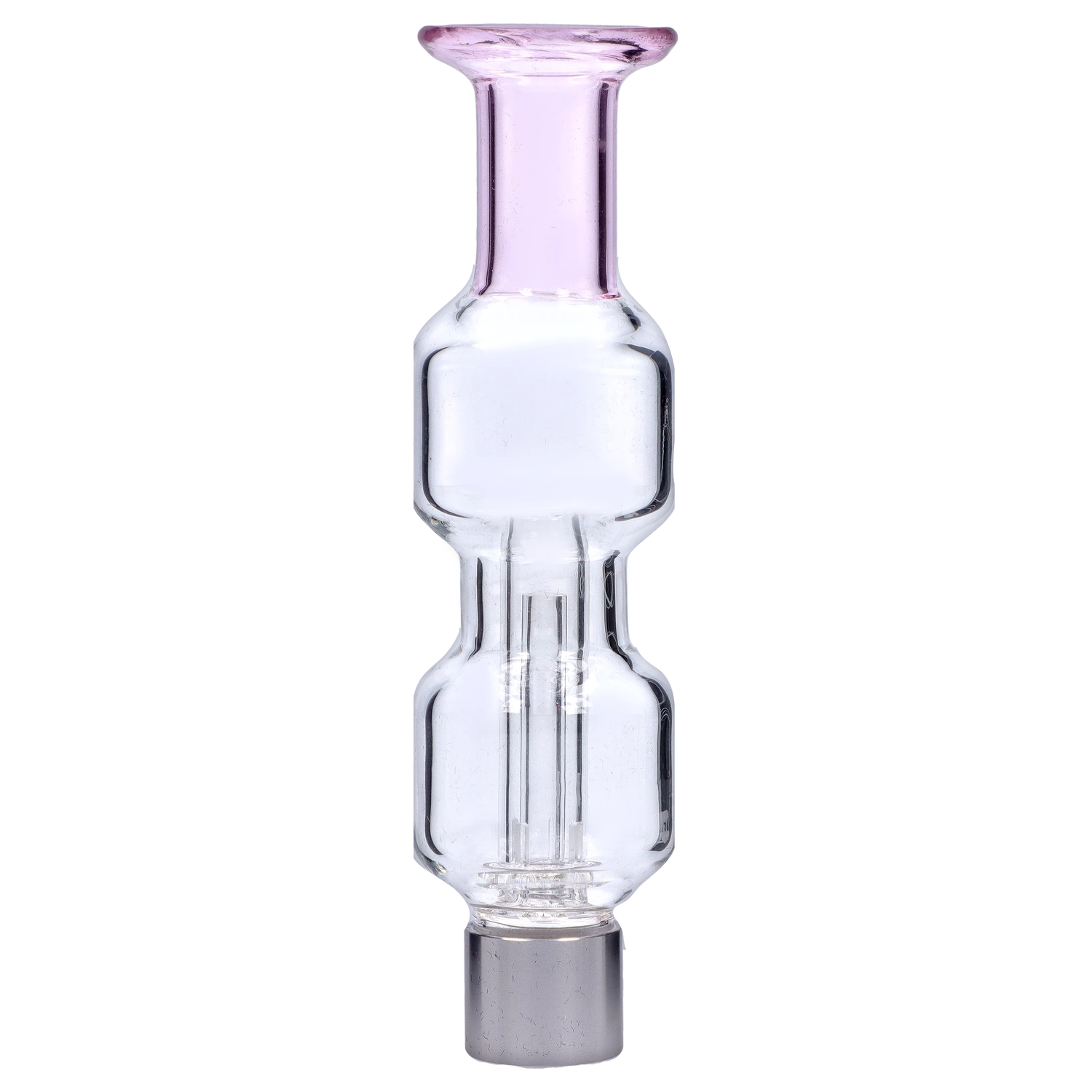 Vertical close-up of the Smoke Cartel New Fire Falcon Nectar Collector - 14mm showing its clear glass body with a pale pink flared mouthpiece against a soft gray striped background