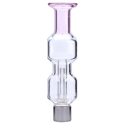 Vertical close-up of the Smoke Cartel New Fire Falcon Nectar Collector - 14mm showing its clear glass body with a pale pink flared mouthpiece against a soft gray striped background