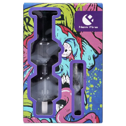 Front-facing view of the Smoke Cartel New Fire Falcon Nectar Collector - 14mm visible through purple-outlined die-cut windows on colorful skull-and-tentacle artwork packaging.