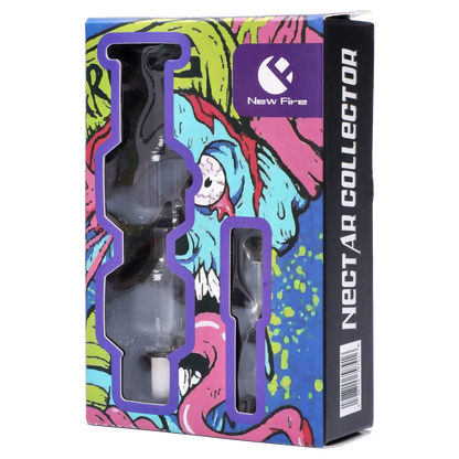 Angled front view of the Smoke Cartel New Fire Falcon Nectar Collector - 14mm in colorful windowed packaging showing the glass piece and matching tool against a vivid skull illustration.