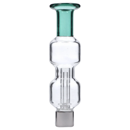 Close-up vertical view of the Smoke Cartel New Fire Falcon Nectar Collector - 14mm showing a teal mouthpiece and clear multi-chamber glass body on a white background