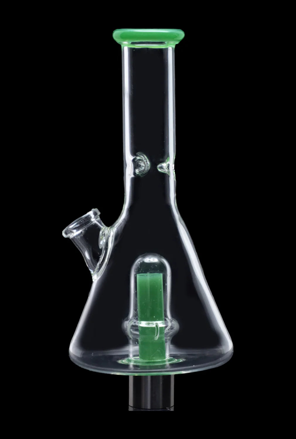 Front view of the SC Beaker Nectar Collector, a clear glass tool with a 14mm joint angled against a black background.