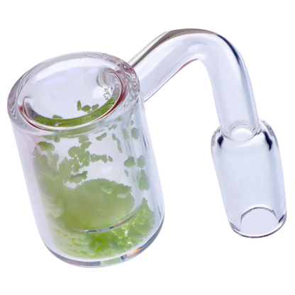 Close-up angled view of the Smoke Cartel Frit Sand Banger - Male - 14mm showing the clear glass bucket with scattered blue-green frit inside and a curved joint.