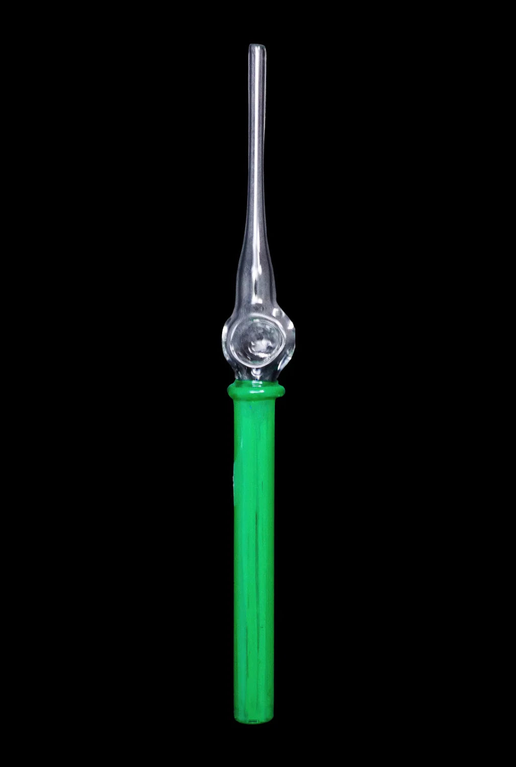 Front view of the SC Glass Straw, a slender, clear glass tube with a rounded tip against a plain black background.