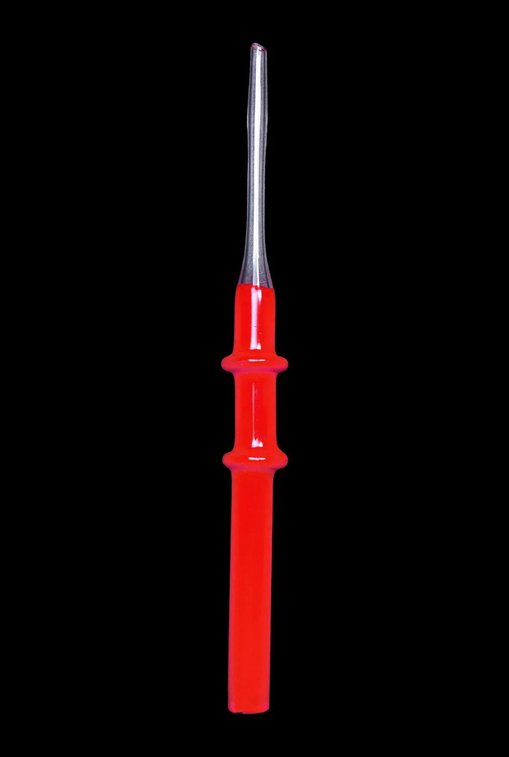 A straight-on view of the SC Glass Straw, a clear glass tube against a black background.