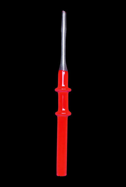 A straight-on view of the SC Glass Straw, a clear glass tube against a black background.