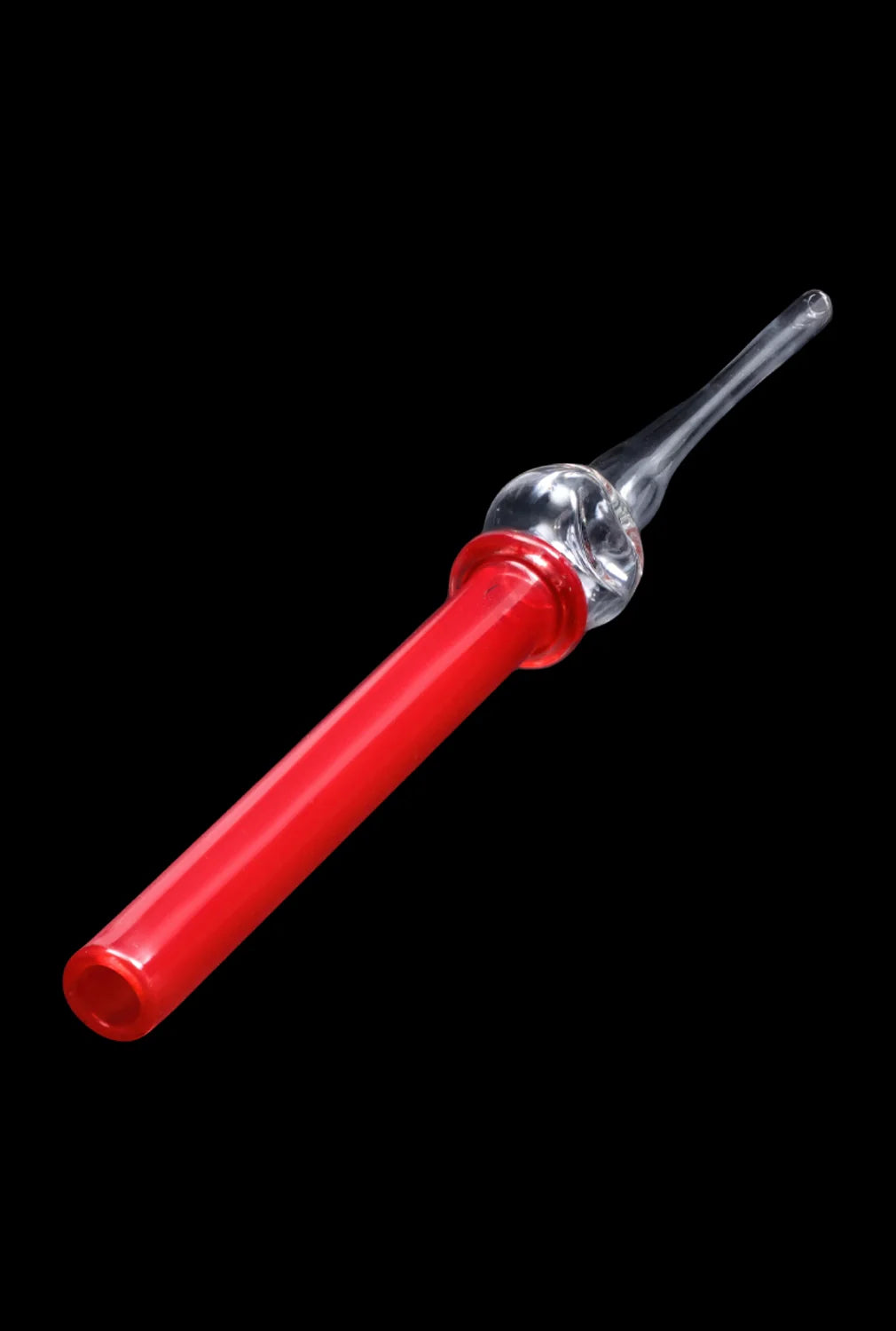 A side view of the SC Glass Straw, showing a clear glass tube with a rounded tip against a dark backdrop.