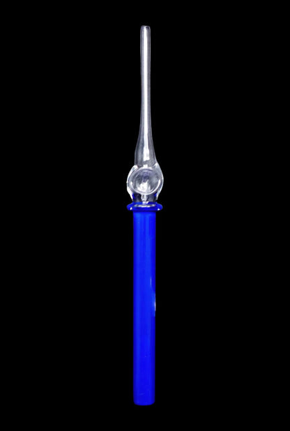 A full shot of the SC Glass Straw, a slender, blue glass tube with a rounded tip against a black background.