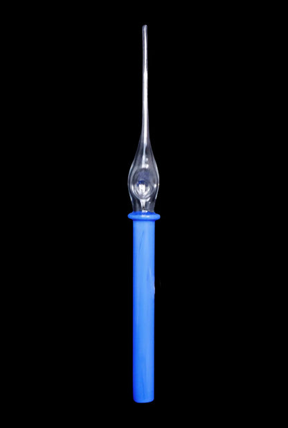 A straight-on view of the SC Glass Straw, a clear glass tube with a rounded tip, against a black background.