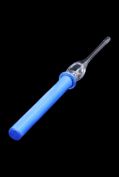 A close-up, angled view of the SC Glass Straw, a clear glass tube with a slightly curved shape.