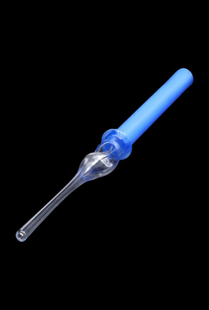 A front view of the SC Glass Straw, a clear glass straw with a slight bend, isolated on a black background.