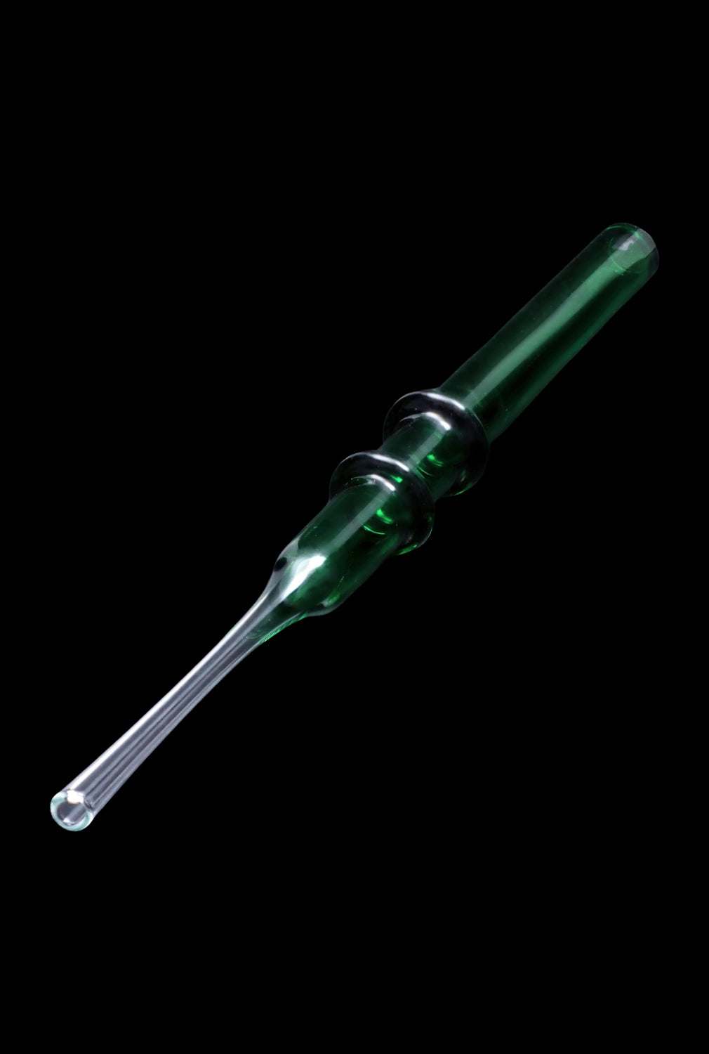 A side view of the SC Double Rim Glass Straw, showing its clear glass construction and simple, elegant curved design.