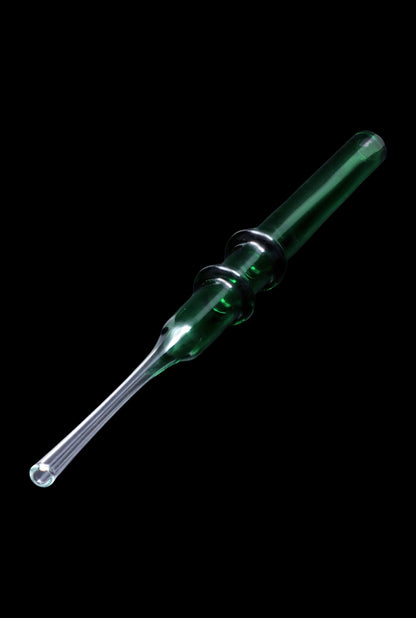 A side view of the SC Double Rim Glass Straw, showing its clear glass construction and simple, elegant curved design.