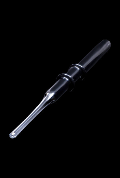 A diagonal view of the SC Double Rim Glass Straw, showcasing its clear glass construction and simple, elegant design.