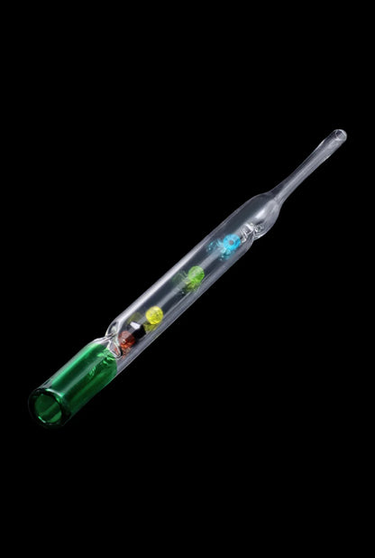 A diagonally-angled view of the SC Glass Straw with Beads, displaying a clear glass tube with colorful bead accents inside.