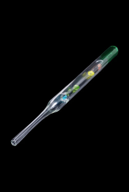 A close-up, angled view of the SC Glass Straw with Beads, featuring clear glass and colorful beads inside.