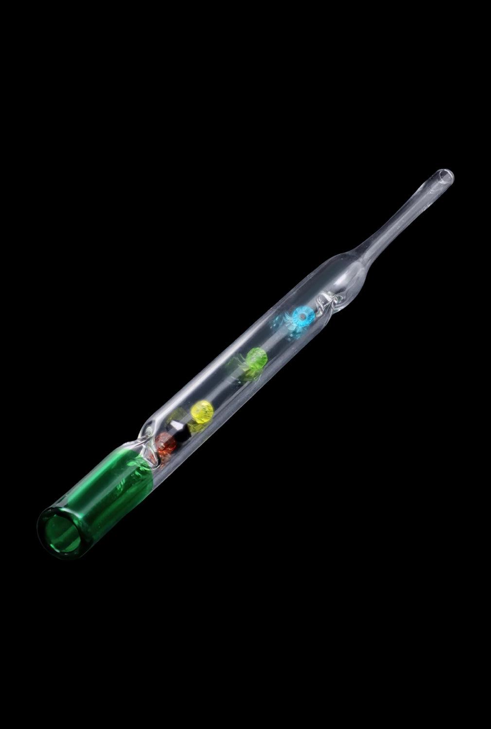 A side view of the SC Glass Straw with Beads, showcasing the clear glass tube with colorful beads inside.