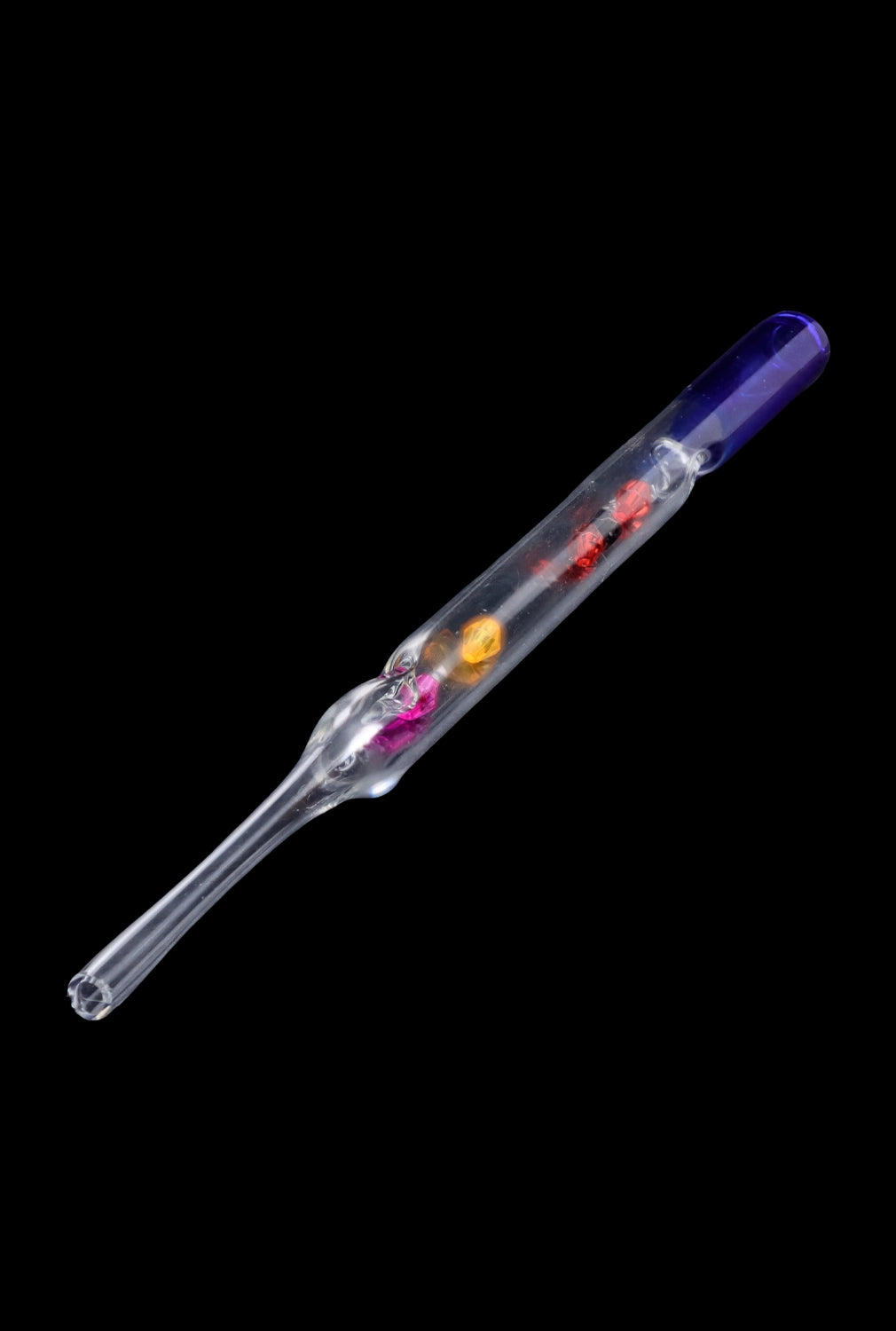 A diagonal view of the SC Glass Straw with Beads, showing colorful beads encased within the clear glass tube.