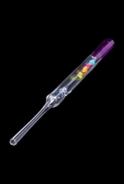A side view of the SC Glass Straw with Beads, showing the clear glass tube with colorful beads inside.