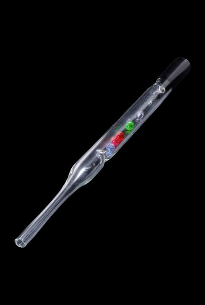 A close-up shot of the SC Glass Straw with Beads, displaying a clear glass straw with colorful beads inside.