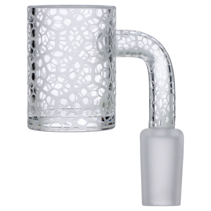 Close-up side view of a frosted, patterned glass joint showing the bucket and curved neck of the Smoke Cartel Frosted Banger - 14mm.