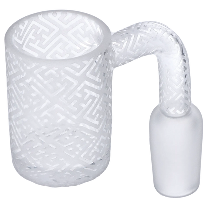 Close-up angled view of the frosted Smoke Cartel Frosted Banger - 14mm showing its patterned bowl and curved joint.