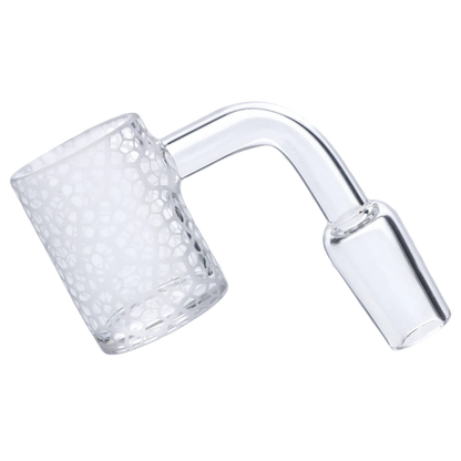 Angled close-up of the Smoke Cartel Frosted Banger - 14mm showing a frosted, spiderweb-patterned bucket and clear bent neck against a white background