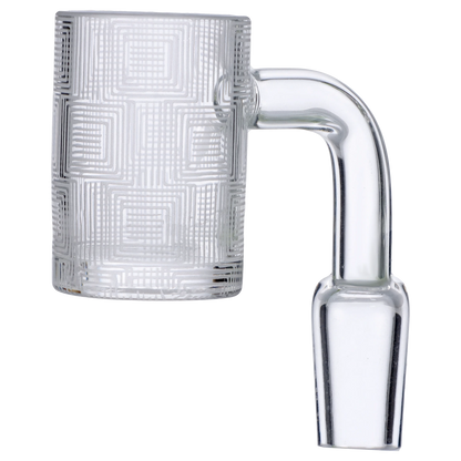 Close-up side view of the Smoke Cartel Frosted Banger - 14mm showing its frosted geometric-patterned bucket and clear glass joint.