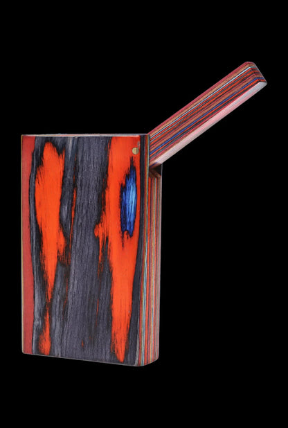 Front view of the SC Colorful Wood Grain Dugout - Small, showcasing its patterned wood grain and open lid against a black background.
