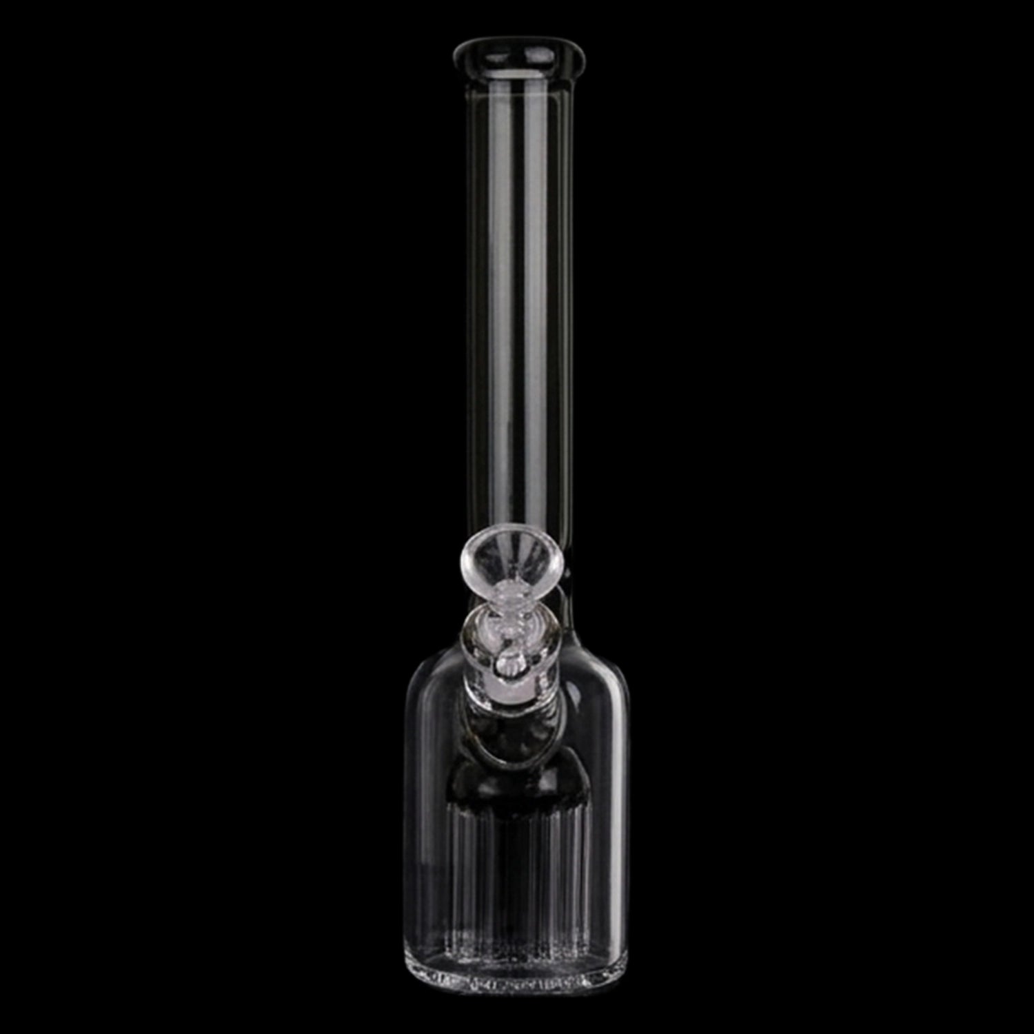 Centered front view of the Smoke Cartel Color Tube & Tree Perc Rounded Beaker Bong - 10.5 in., clear glass against black.