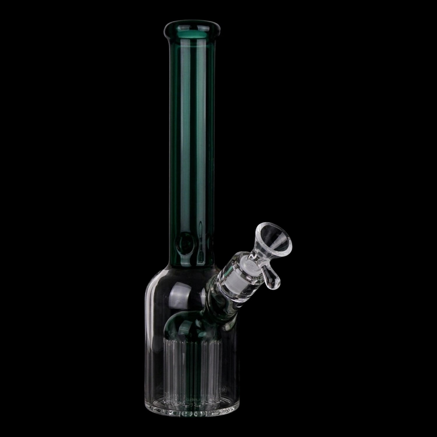 Close-up front view of the Smoke Cartel Color Tube & Tree Perc Rounded Beaker Bong - 10.5 in. showing its jade-pink toned straight neck, angled clear bowl, and internal tree perc against a black background