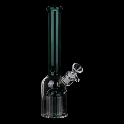 Close-up front view of the Smoke Cartel Color Tube & Tree Perc Rounded Beaker Bong - 10.5 in. showing its jade-pink toned straight neck, angled clear bowl, and internal tree perc against a black background