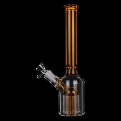 Vertical close-up of the Smoke Cartel Color Tube & Tree Perc Rounded Beaker Bong - 10.5 in. showing its amber-tinted straight neck and glass bowl against a black background