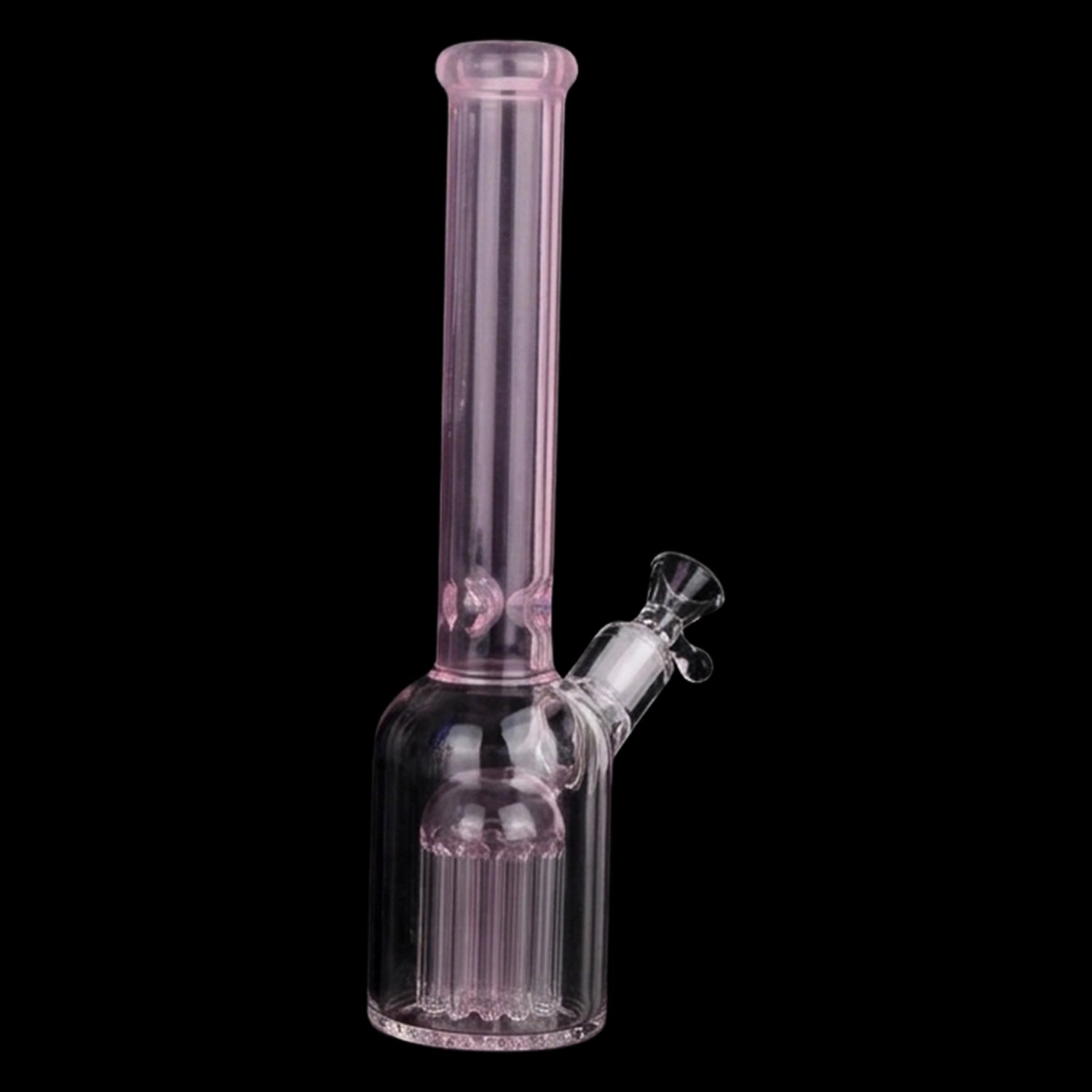Close-up front view of the Smoke Cartel Color Tube & Tree Perc Rounded Beaker Bong - 10.5 in. in translucent pink against a black background.
