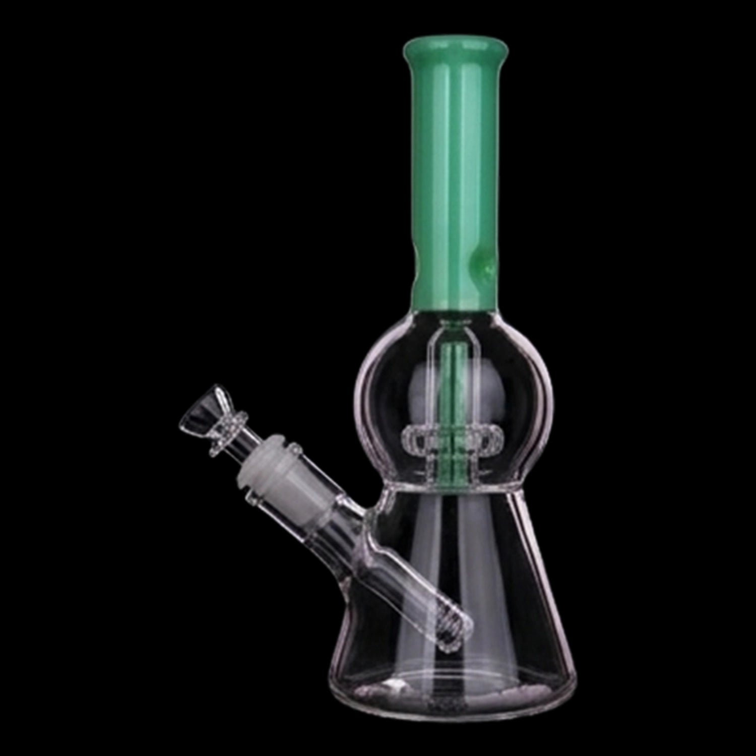 Angled close-up of the Smoke Cartel Color UFO Perc Beaker Bong - 8.5 in. showing a jade-pink neck and clear glass body against a black background