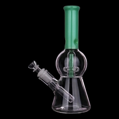 Angled close-up of the Smoke Cartel Color UFO Perc Beaker Bong - 8.5 in. showing a jade-pink neck and clear glass body against a black background
