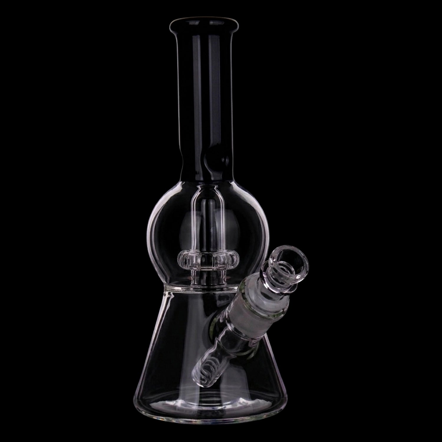 Close-up front view of the Smoke Cartel Color UFO Perc Beaker Bong - 8.5 in. showing its clear glass beaker body, spherical percolator chamber, and angled joint against a black background