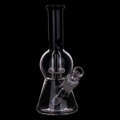 Close-up front view of the Smoke Cartel Color UFO Perc Beaker Bong - 8.5 in. showing its clear glass beaker body, spherical percolator chamber, and angled joint against a black background