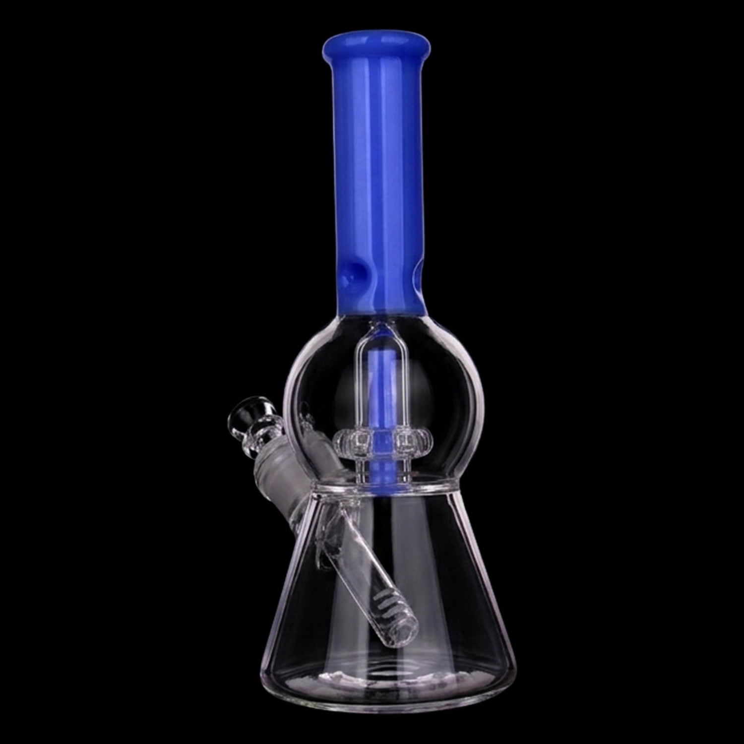 Close-up front view of the Smoke Cartel Color UFO Perc Beaker Bong - 8.5 in. showing a blue straight neck and clear glass beaker on black.