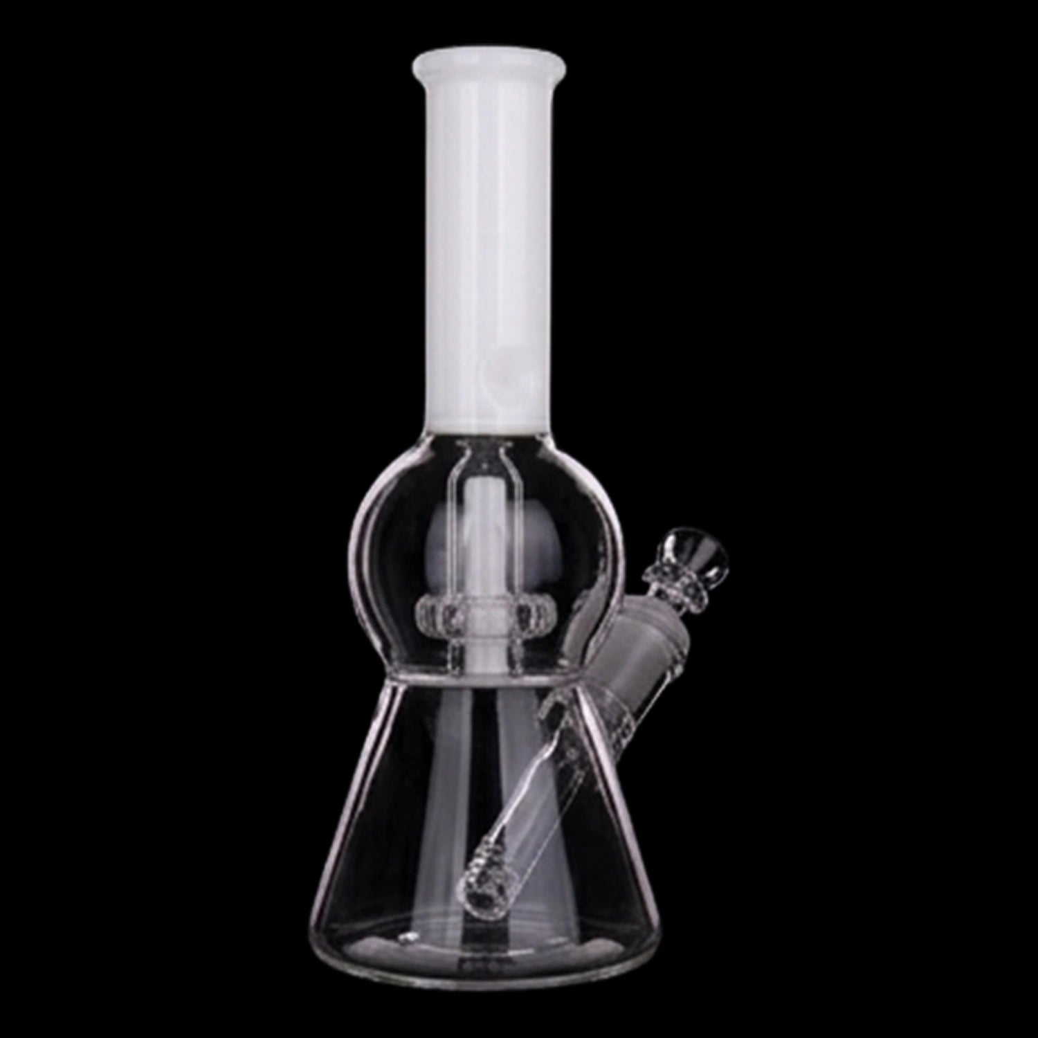 Close-up front view of the Smoke Cartel Color UFO Perc Beaker Bong - 8.5 in. showing its clear glass beaker base, spherical chamber, and straight white neck against a black background