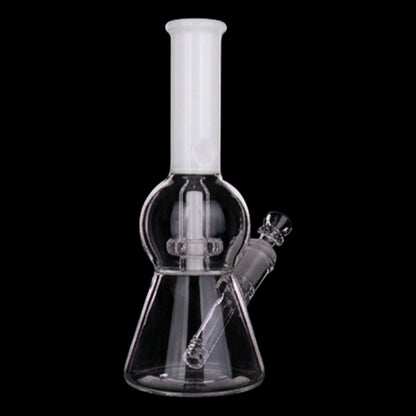 Close-up front view of the Smoke Cartel Color UFO Perc Beaker Bong - 8.5 in. showing its clear glass beaker base, spherical chamber, and straight white neck against a black background