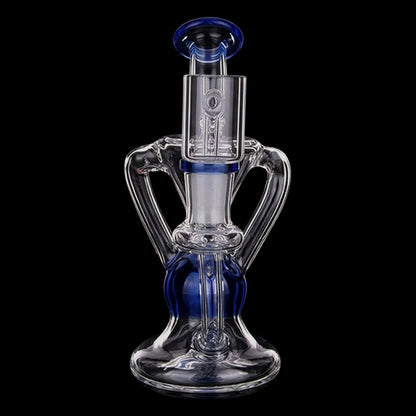 Centered front view of the Smoke Cartel Color Tube Recycler Dab Rig - 5.2 in. showing clear glass with blue accents against a black background